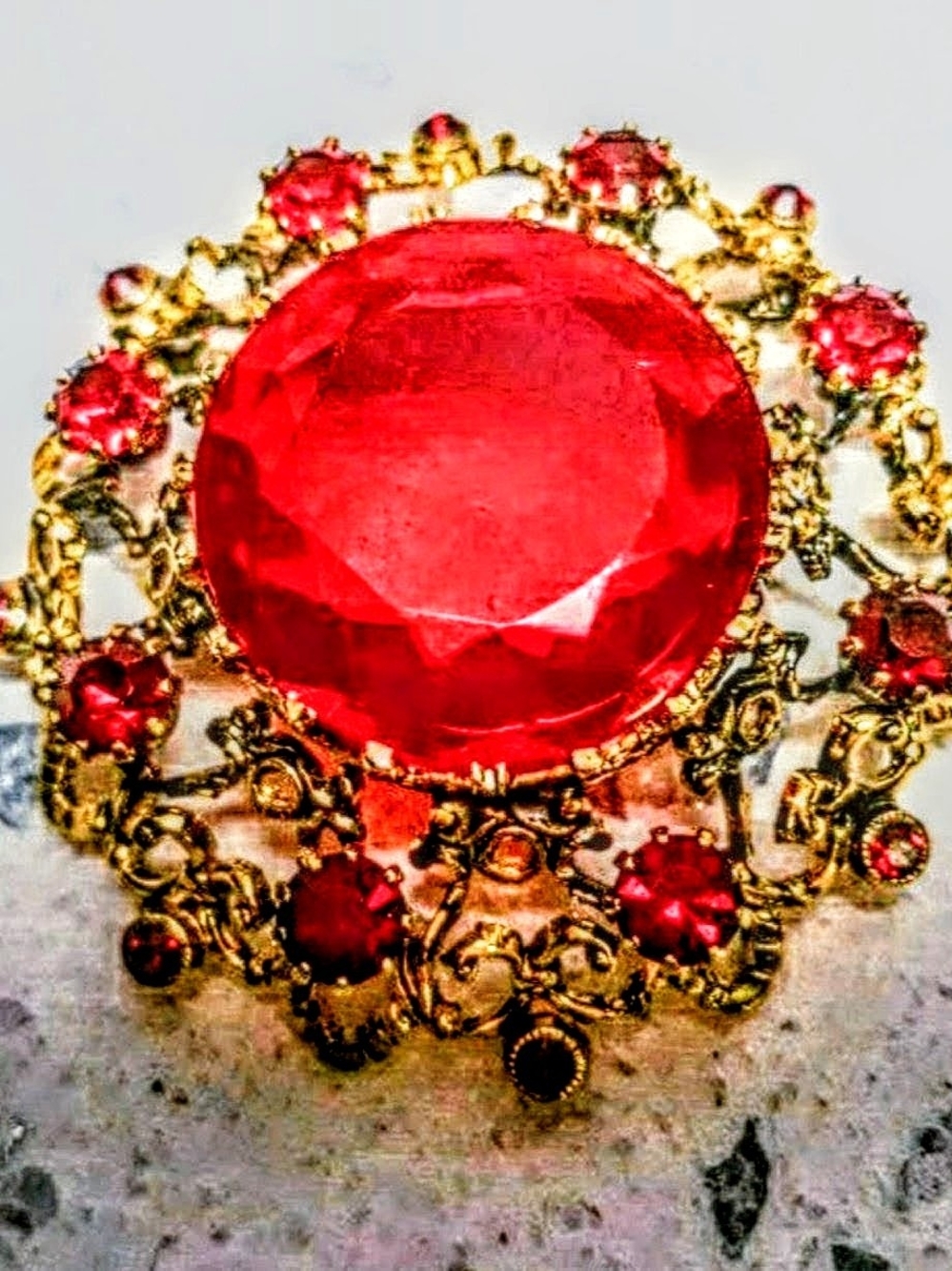 Gold Brooch With Genuine Austrian Red Stone. Statement Brooch - Jewelry